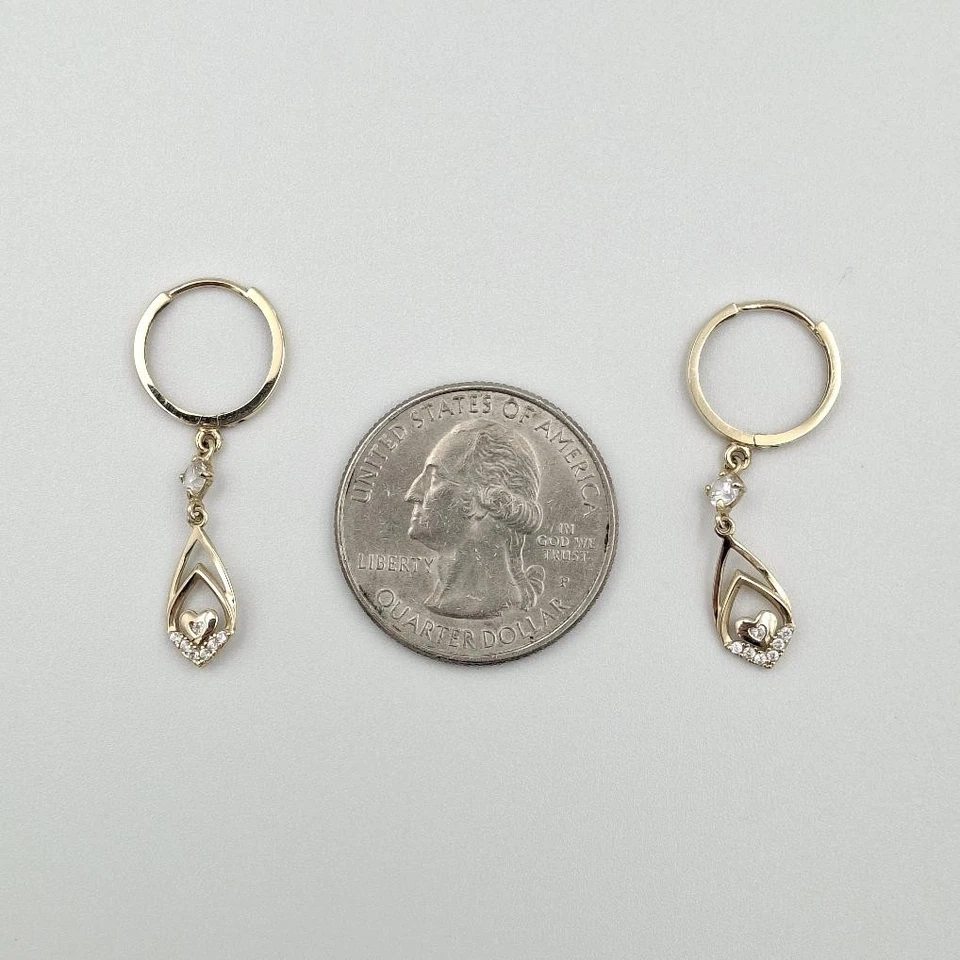 14K Yellow Gold Round Cubic Zirconia CZ Accent Heart Dangle Hoop Earrings - Image 2 of 4