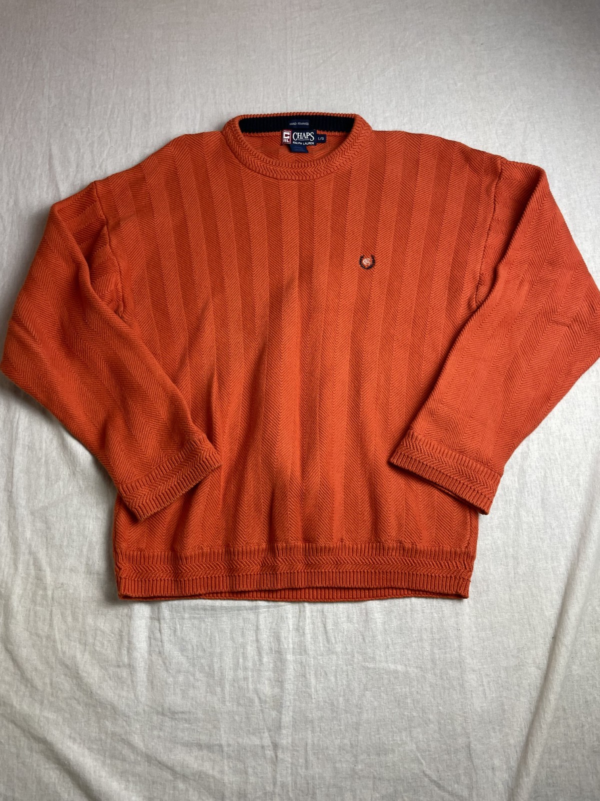 Vintage 90s Chaps Ralph Lauren Orange Mens L Herringbone Knit Preppy Sweater