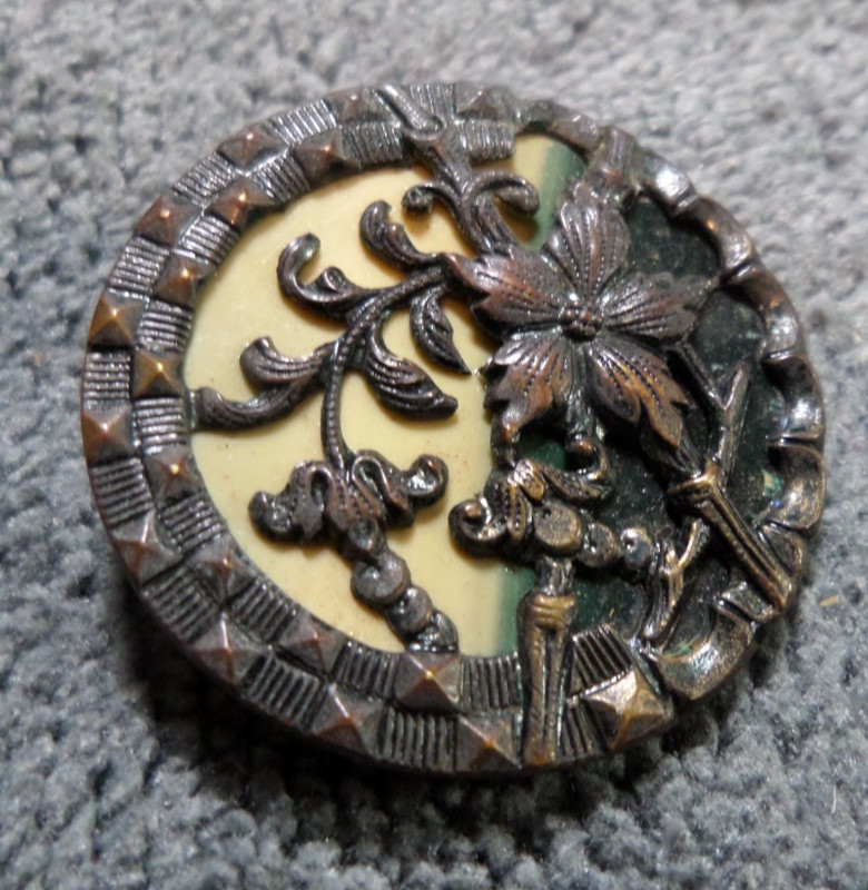 Vintage Antique Victorian Metal & Celluloid Button Fancy Design