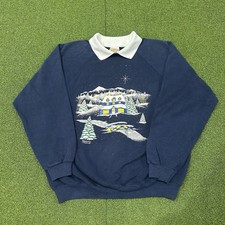 VTG Morning Sun Sweatshirt Size M Cute Snow House Winter Grandma Blue