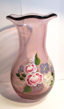 Fenton Ruffled Amethyst Glass Floral Enamel Hand Painted 8" Vase