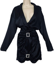 Black ZARA satin mini dress XS S long sleeve deep V neck ruching sexy buckles