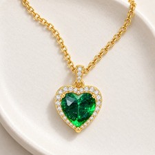14K Gold Filled Green Heart Pendant Necklace Women's Crystal Halo Chain Jewelry