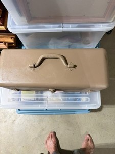 vintage brown steel tackle box 19" long 2 tray refinished nice