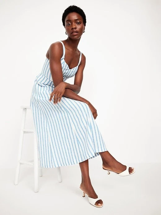 fit & flare sleeveless linen blend midi dress Donna Karan New York Women's Mix Media Scoop Neck - Natural Cream tailored fit through the torso Reiss Tor Linen Blend Halter