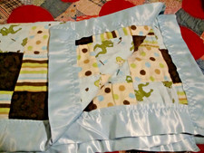 Handmade Baby Patchwork Quilt w/Blue Satin Trim Reversible 35"x 44" Soft 250