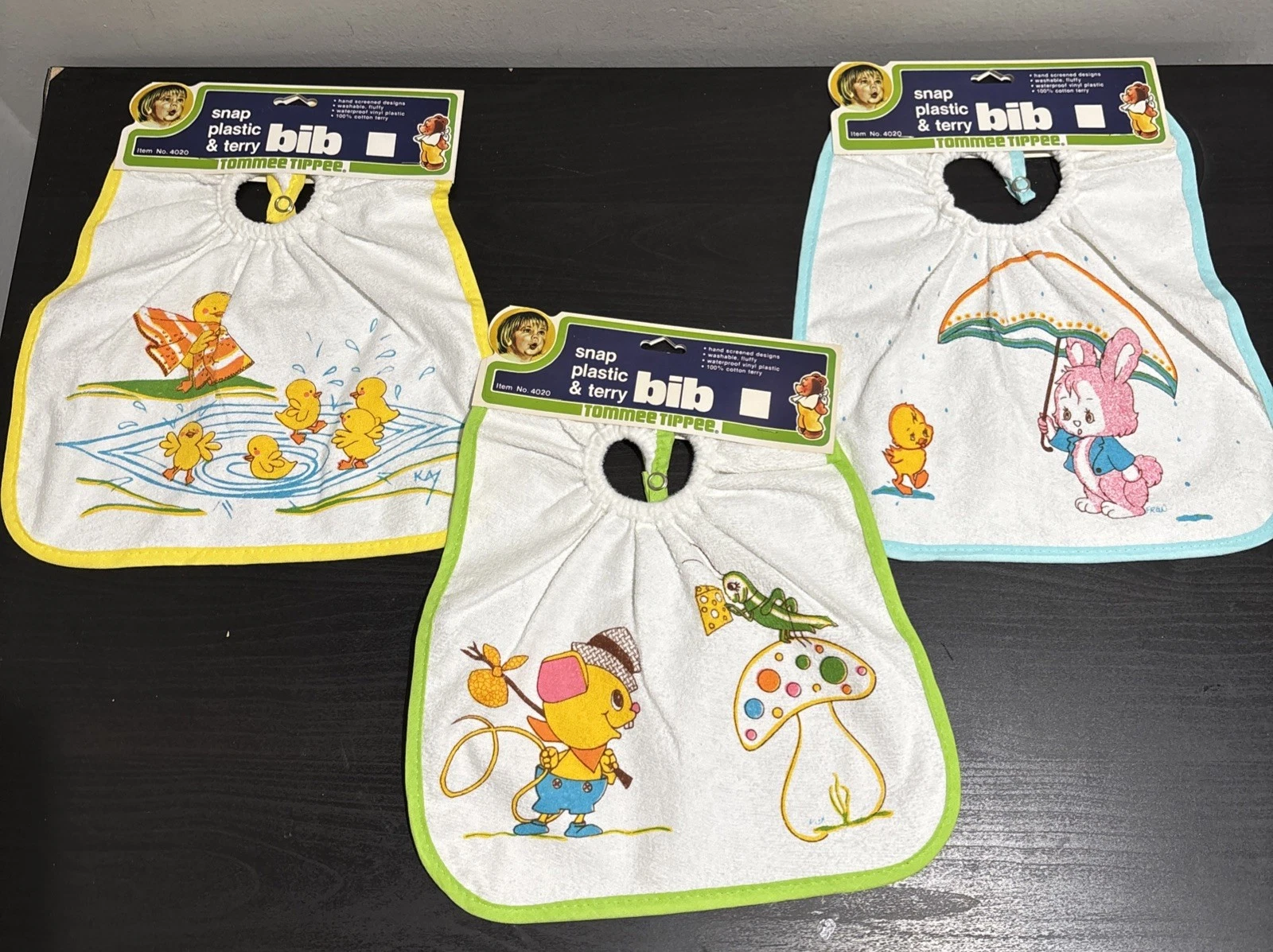 Vintage Snap Plastic & Terry Bib Cloth Baby Tommee Tippee New Old Stock Lot Of 3
