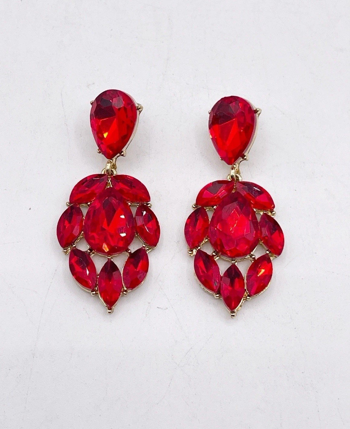 Red Rhinestone Chandelier Statement Earrings Gold… - image 2
