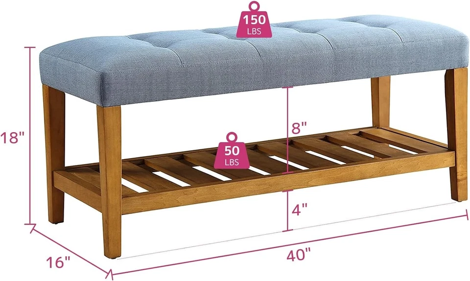 Acme Charla Wood and Fabric Bench in Blue and Oak, Wood - Image 4 of 4