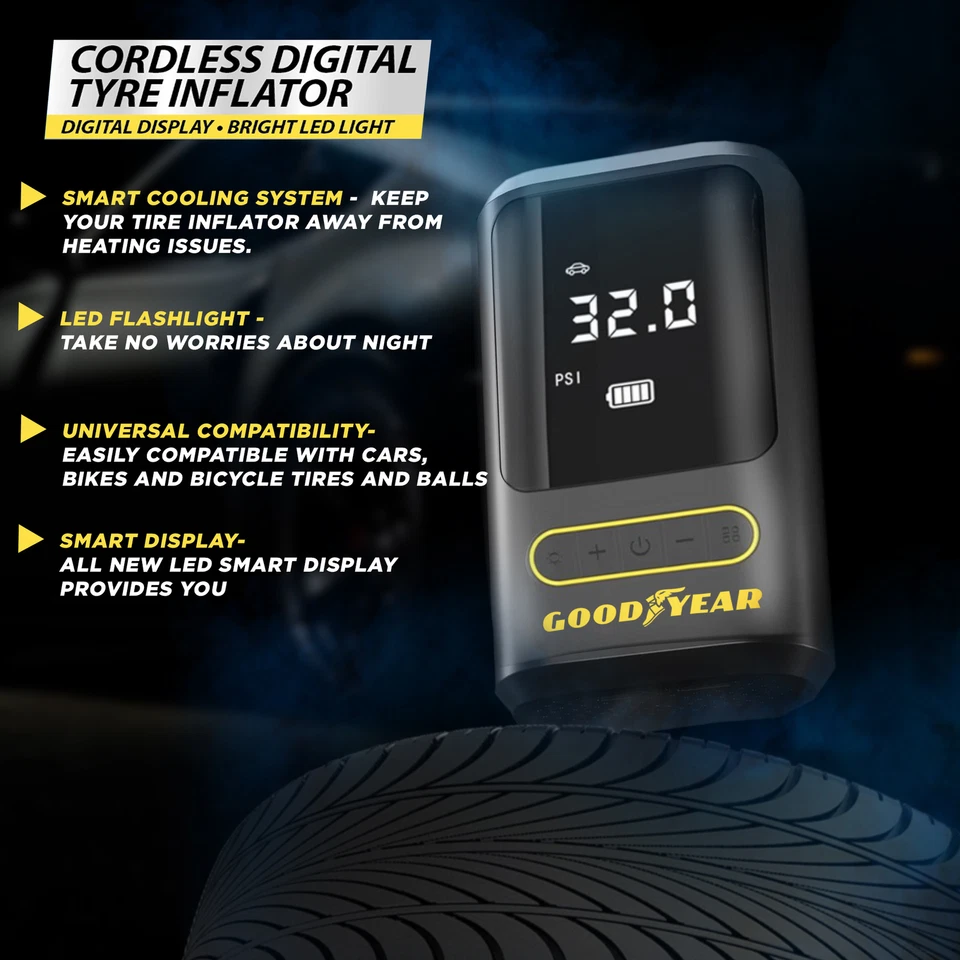 Goodyear Cordless Car Tyre Inflator Pump LED Portable Air Compressor Digital - Image 4 of 4