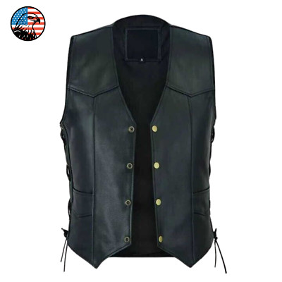 Genuine LEATHER Black VEST Mens Motorcycle MC Biker Adjustable Side Laces Lined