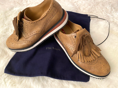 PRADA Man Shoes Tan Brown Wingtip Kiltie Derby Platform Lace 
