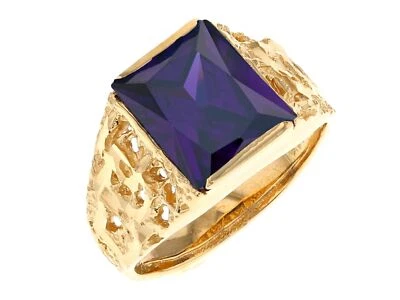 10k or 14k Yellow Gold Mens Rugged Design February Simuated Amethyst Ring - Image 1 of 3