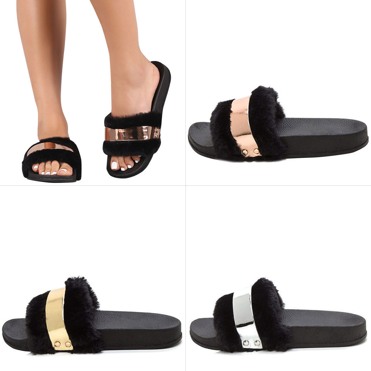 PANTOFOLA D’ORO Infradito sandalo piatto slide pelliccia sintetica nero punta aperta accento metallizzato