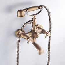 Antique Brass Wall Mount Clawfoot Bath Tub Faucet Mixer Tap w/ Handheld Shower