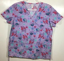 Owls Scrub Top womens size S Small by just bez Purple Pink Blue Owls Woodland