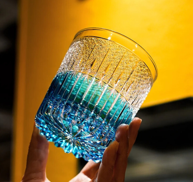 Edo Kiriko Whisky Glass Tumbler Japanese Style Hand Cut To Clear 11oz Sky Blue-image