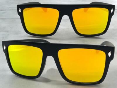 Men's Classic Vintage Retro Style SUNGLASSES Large Square Black Frame Gold Lens