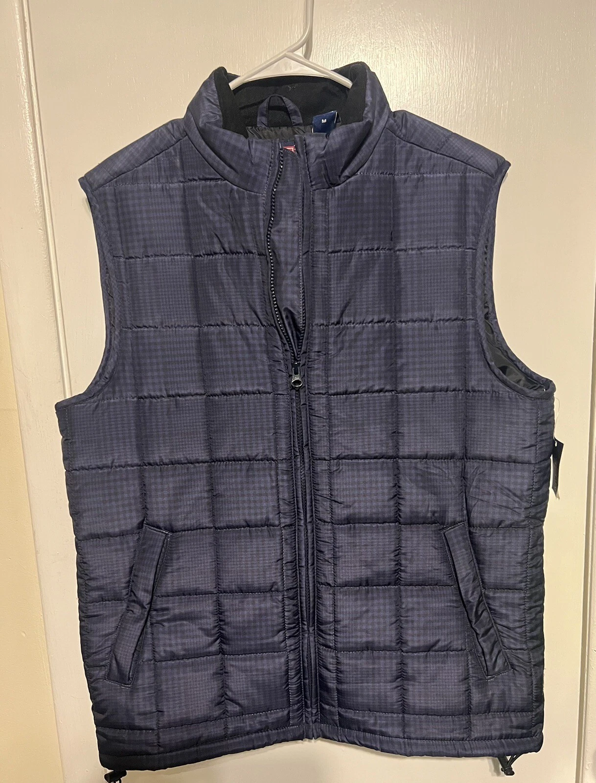 Chaps Puffer Zip Up Vest _Mens Medium Plaid Pattern Navy Blue ~ NWT