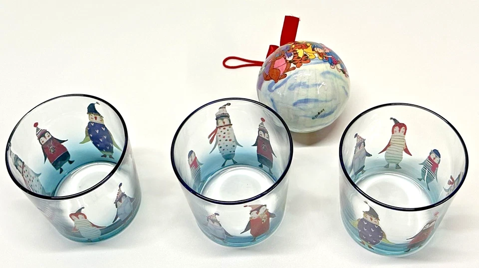 3 Williams Sonoma Natale Penguin Collection Old-Fashioned Glasses + Pooh Ornamnt - Image 3 of 4