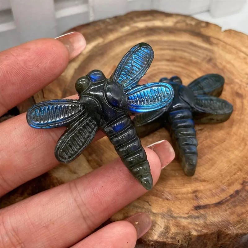 Natural Rainbow Labradorite Quartz Crystal Carved Dragonfly Figurine Reiki Gift