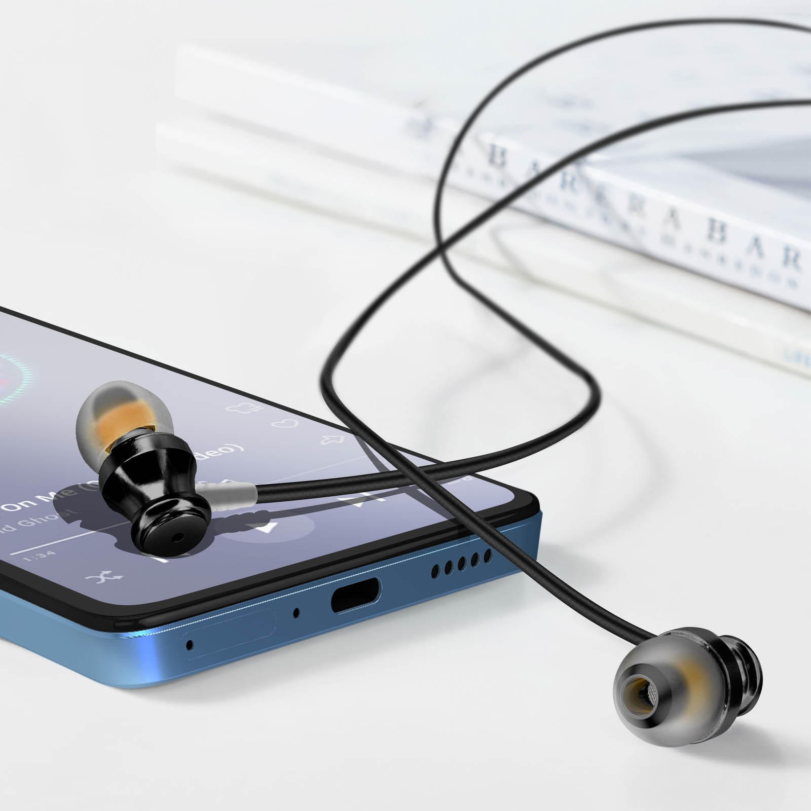 Écouteurs USB-C noirs LinQ avec microphone HD et télécommande intégrée pour appels