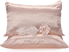Luxury Satin Pillowcase Set 3pc Pink Leopard Includes Eye Mask  Hair Scrunchie
