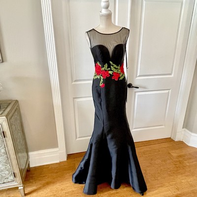 Mascara Mc181192 SZ 6 Black Embroidered Red Floral Backless Formal Prom  Dress | eBay