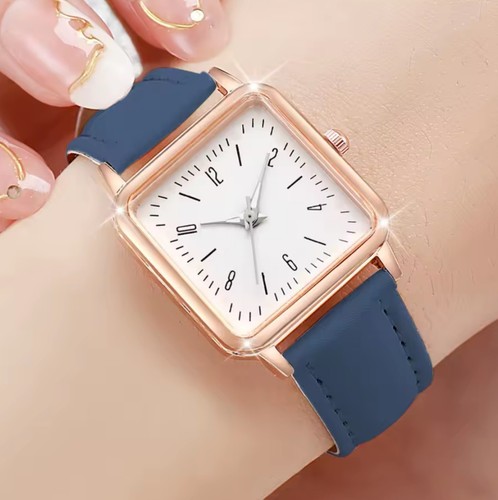 Ladies Womens Square Leather Strap Watch Blue Strap Casual Gold Coloured - Picture 4 of 4