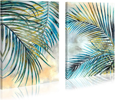 Turquoise Palm Leaf Canvas Art - 2 Piece Tropical Wall Decor for Home