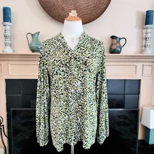 Susan Graver Painterly Liquid Knit Top XL Tie V-Neck Long Sleeve Olive Multi