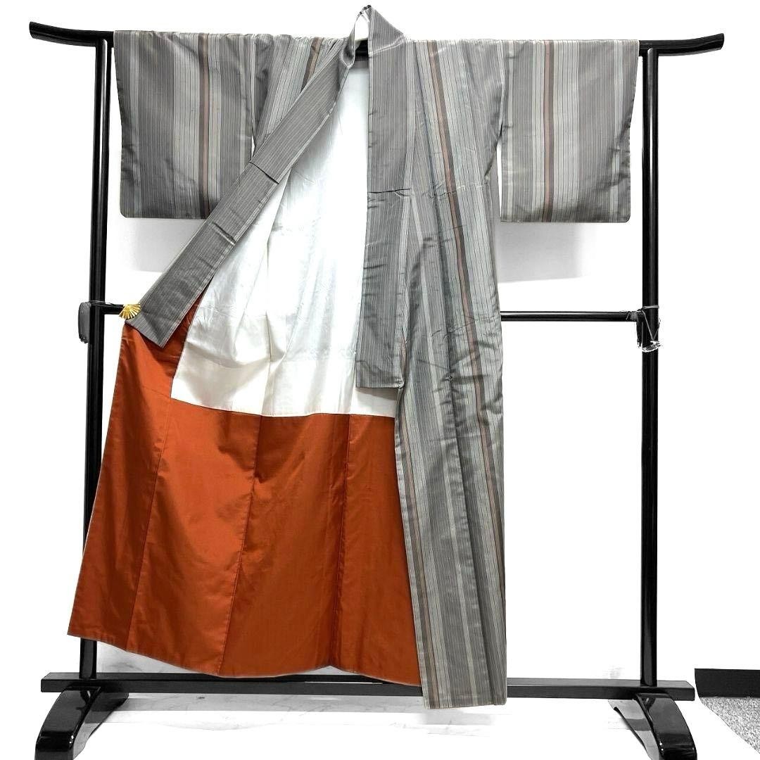 Gray Kimono Small Pattern Pongee Vertical Stripes… - image 3