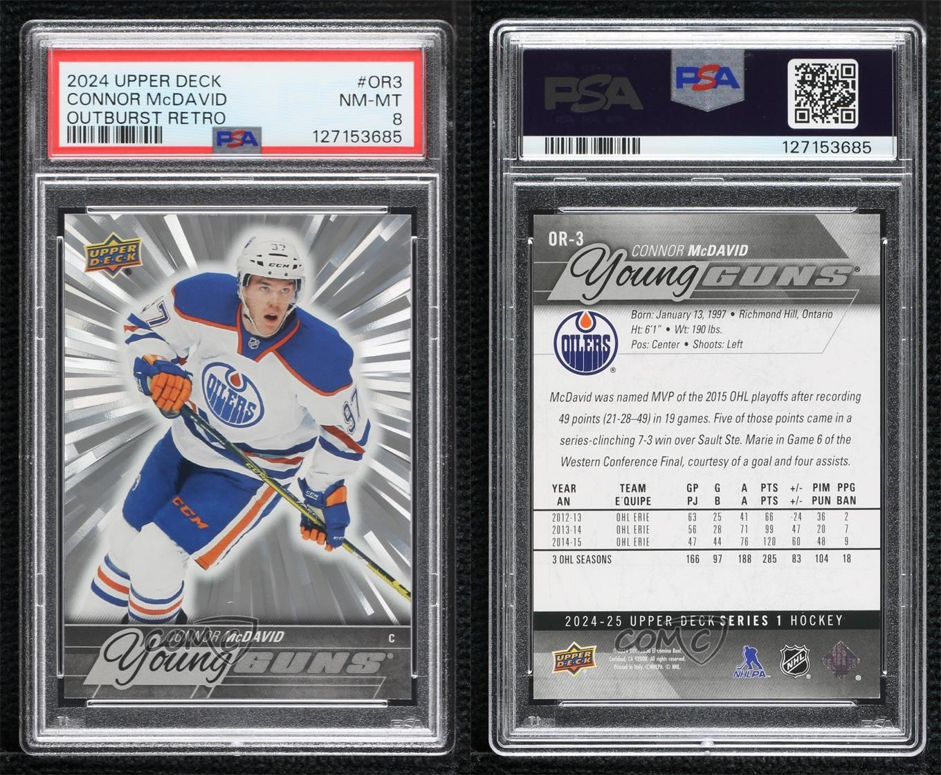 2024-25 Upper Deck Series 1 Outburst Retro Young Guns Connor McDavid PSA 8 q2c view 3