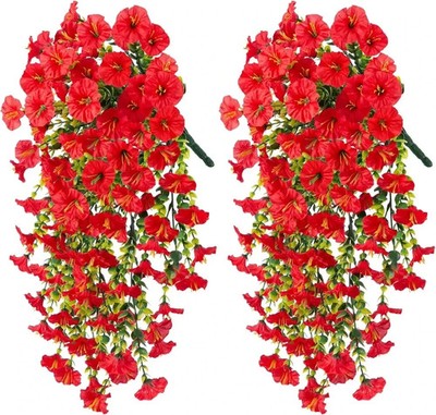 UV Resistant Faux Silk Morning Glory Hanging Flowers for Outdoor Decor 2 Pc Red