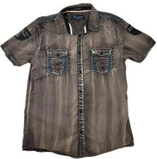ROAR UNSTOPPABLE Men's LG Short Sleeve Button Up Shirt Aqua Stitch Gray Fade