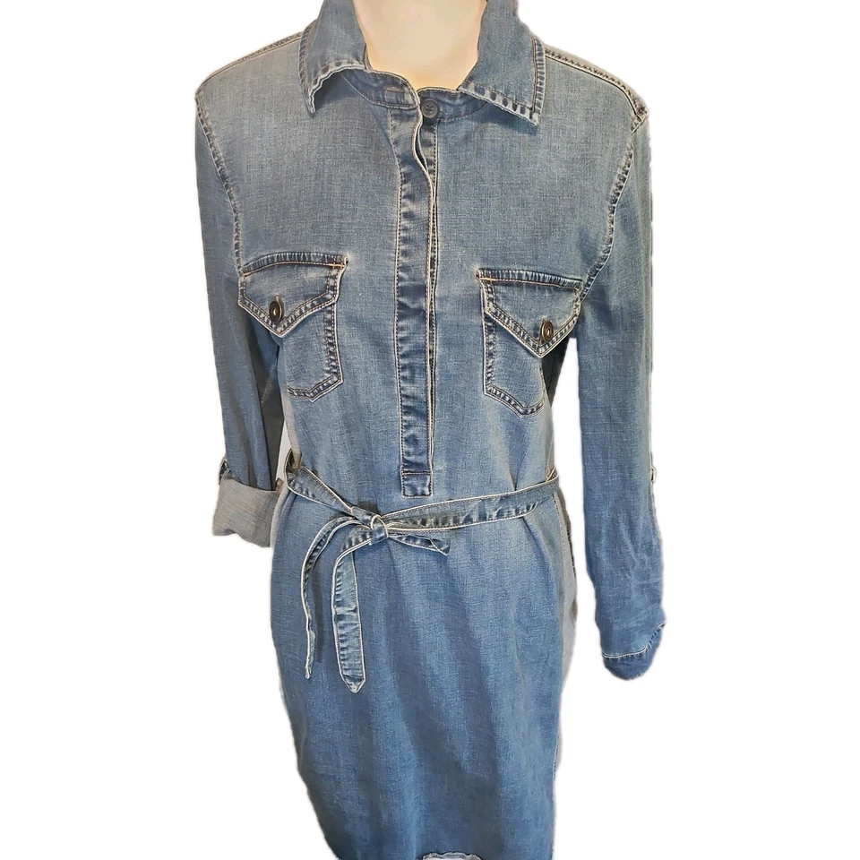 INC International Dress Concepts Long Rolled Sleeve Patchwork Denim Size 8 Dress - Image 2 of 4