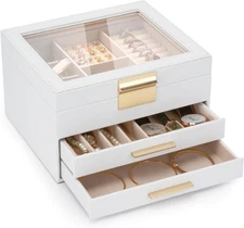 3-Layer Jewelry Box for Women, Organizer with Glass Lid and Cream 