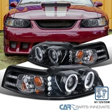 Fits 1999-2004 Ford Mustang Smoke LED Halo Projector Headlights Headlamps LH+RH