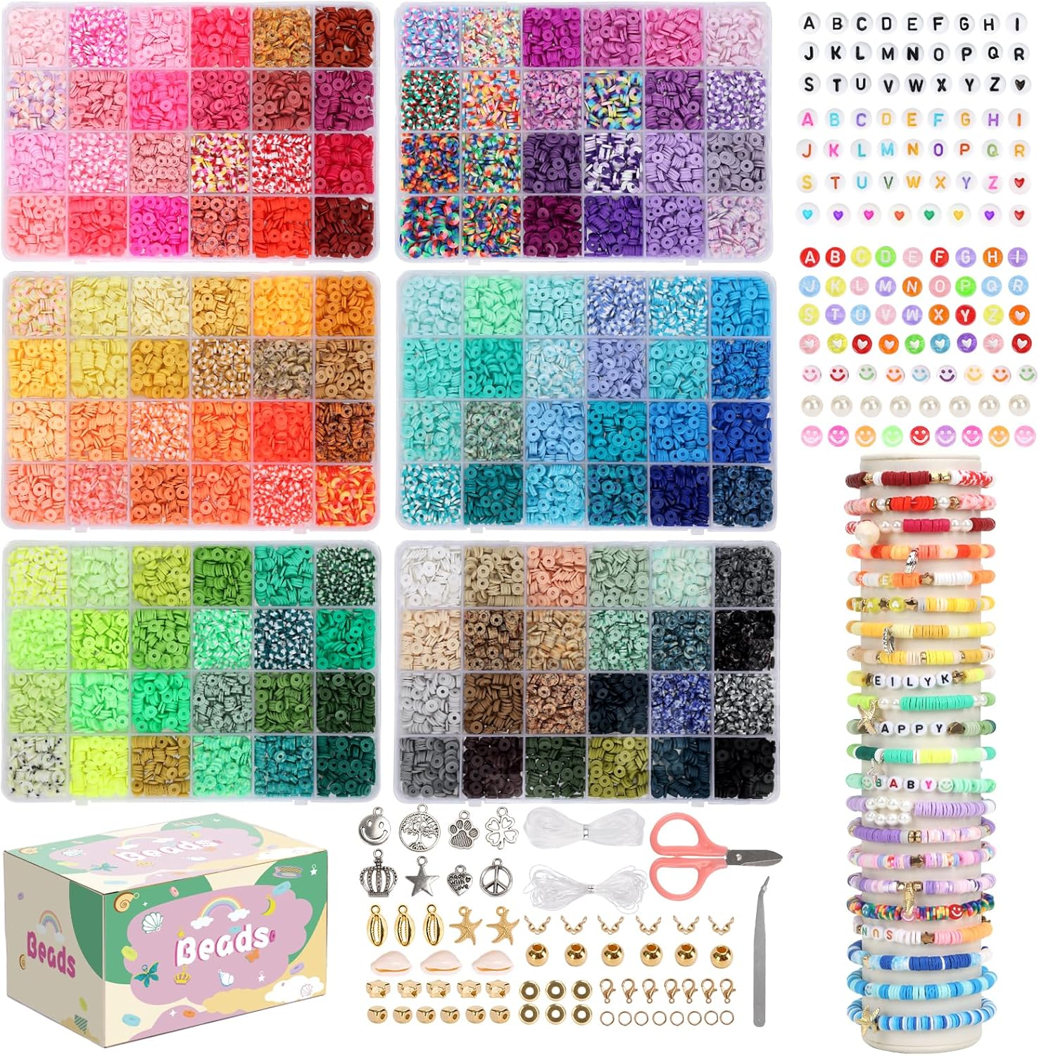 15000 Clay Beads Bracelet Kit with 144 Colors in 6 Boxes for Friendship Crafts