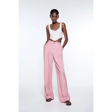 ZARA Women Pleated Wide Leg High Rise Trouser in Pink Size Medium