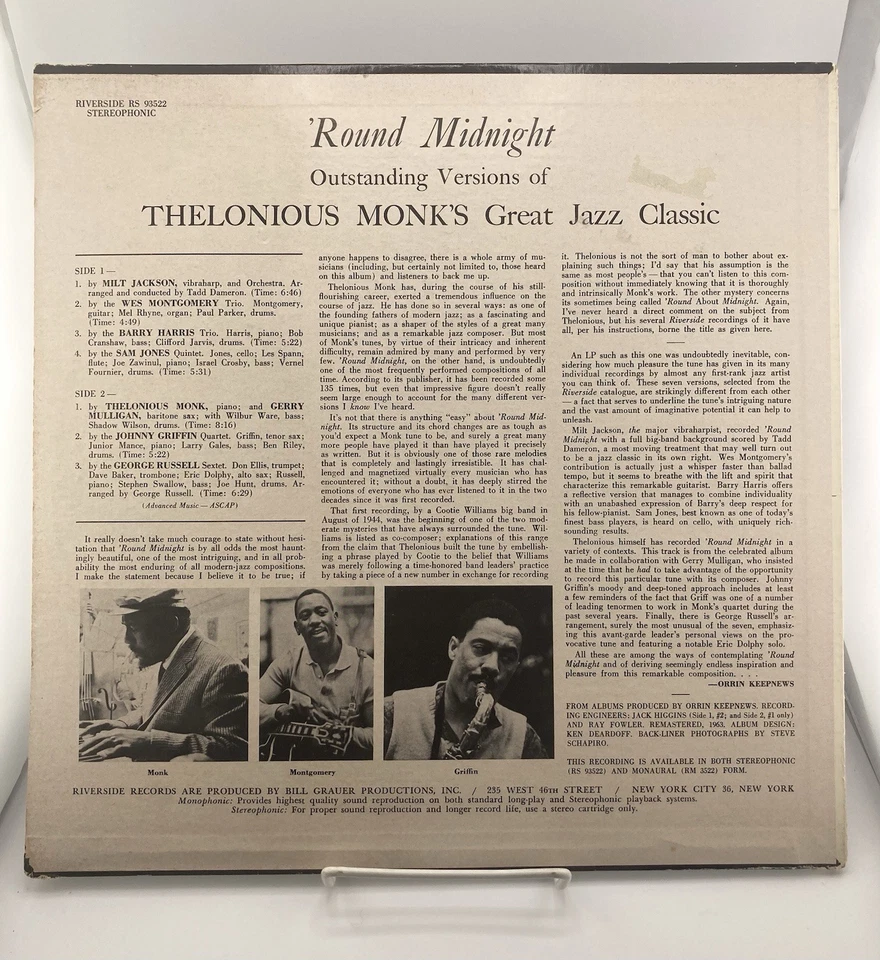 Riverside Compilation LP ‘Round Midnight-Thelonious Monk, Mulligan RS 93522 - Image 2 of 4
