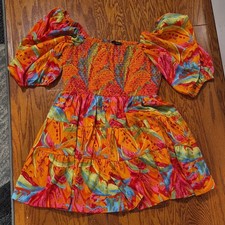 FOREVER 21 Orange Multicolor Floral Mini Dress Smocked Puff Sleeve Ruffle L