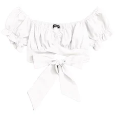 Tied Hem Puff Sleeve Crop Top in White, Size S