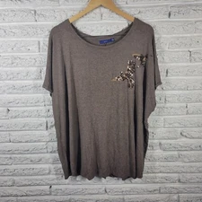 Apt 9 Womens Top 2X Plus Tee Cap Sleeve Brown Birds Sequins Casual Lightweight