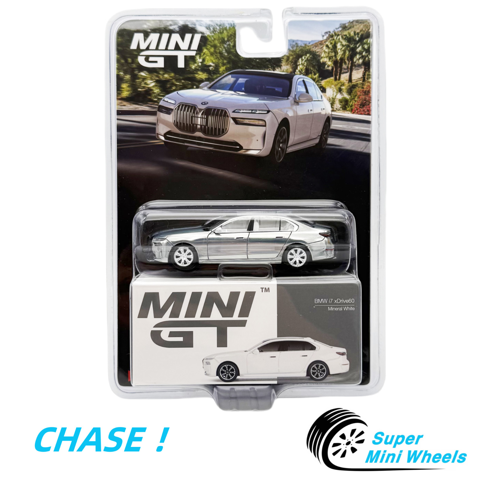CHASE !  Mini GT 1:64 BMW i7 xDrive60 Mineral White #819