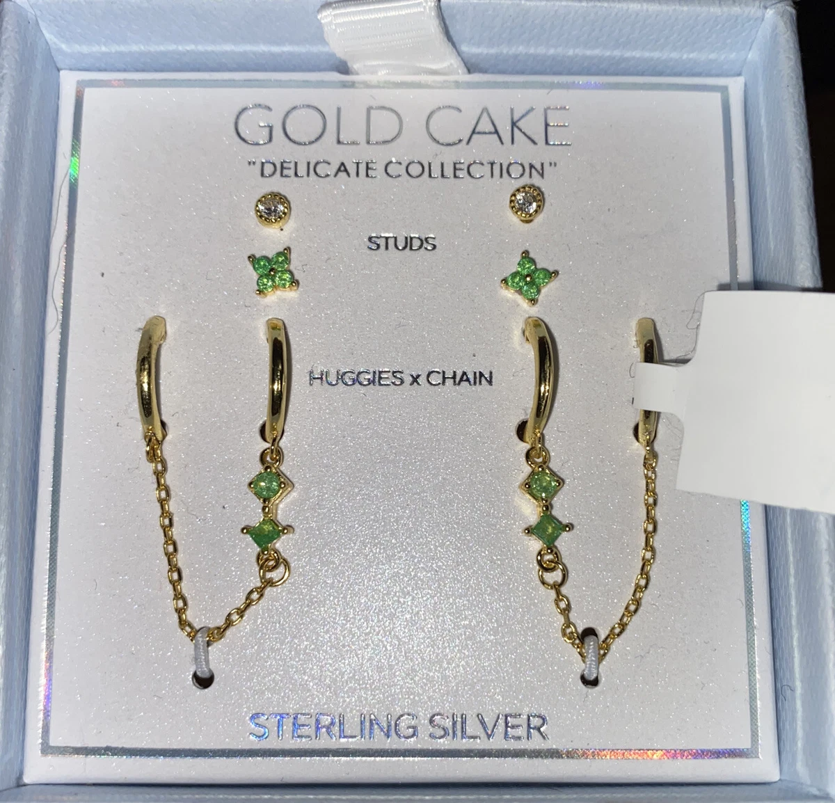 GOLD CAKE STERLING SILVER EARRINGS HUGGIES CHAIN