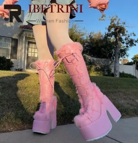 Snow Boots Fur Furry Fashion Platform Chunky Heel Boots Knee High Med Calf Shoes