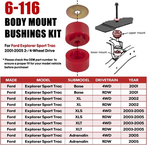 6-116 Body Cab Mount Bushings Kit for Ford Explorer Sport Trac 2001-2005 2/4WD - Bild 5 von 12