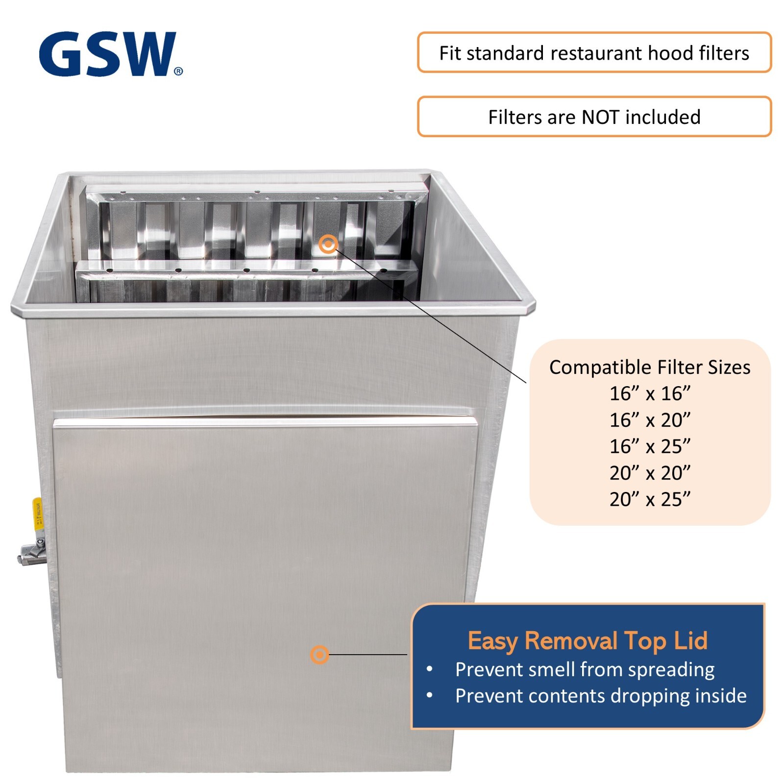 GSW FF-TANK Stainless Steel Restaurant Soak Clean Grease Hood Filter Tank w/ Lid