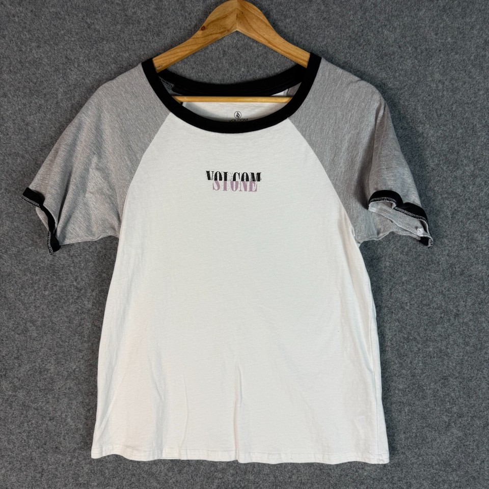 Volcom Stone T Shirt Womens Small White Grey Short Sleeve Raglan Casual Cotton